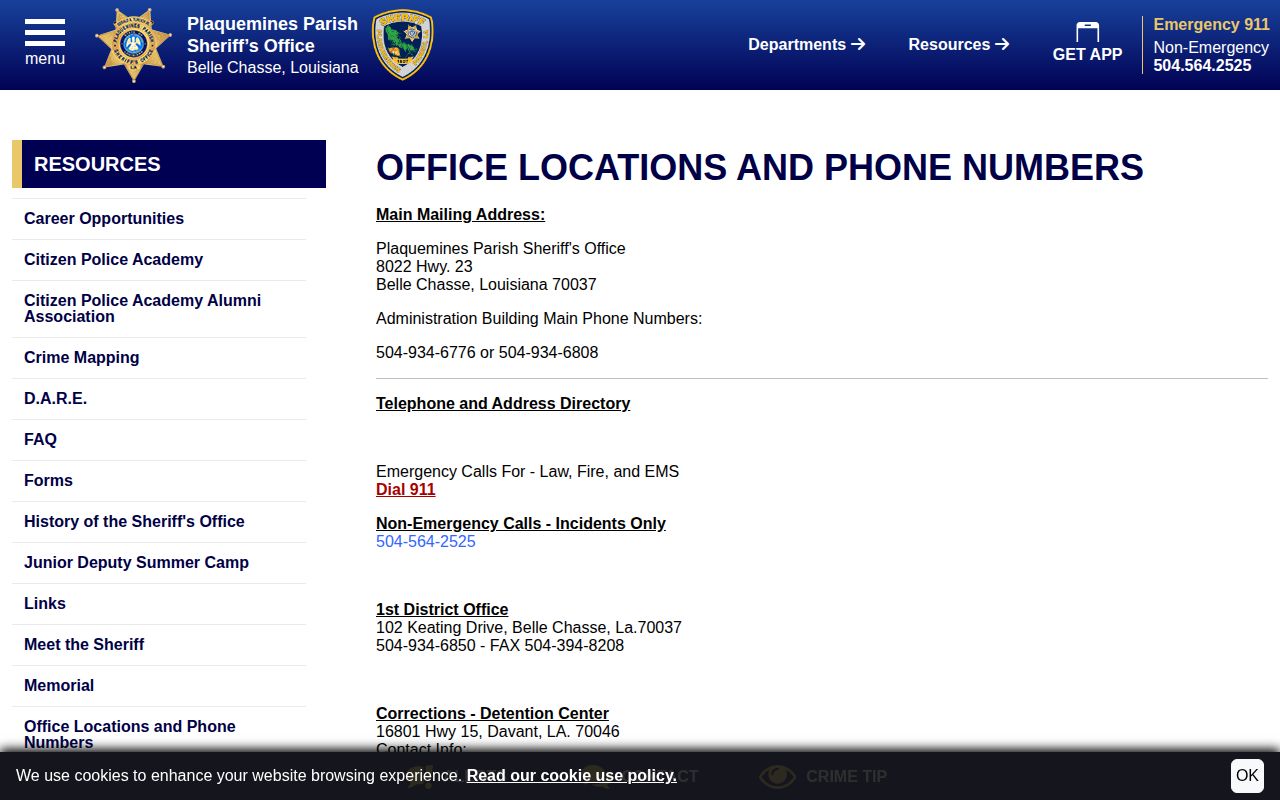 PPSO directory for Plaquemines Parish Detention Center release contacts