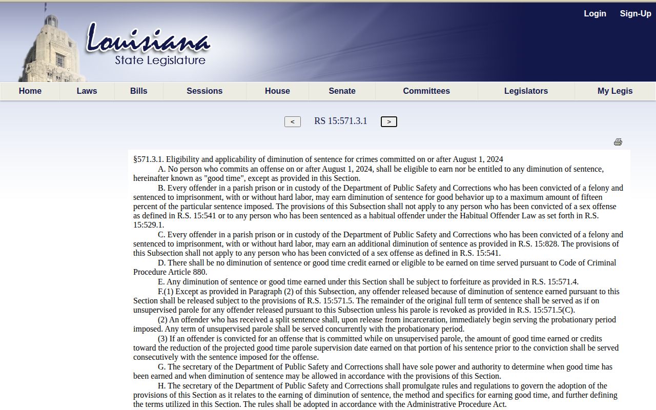 Louisiana statute governing Plaquemines Parish projected release good-time calculations